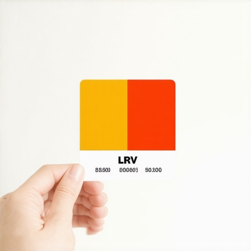 A professional interior painter checking the LRV rating on a paint sample card against a bedroom wall.