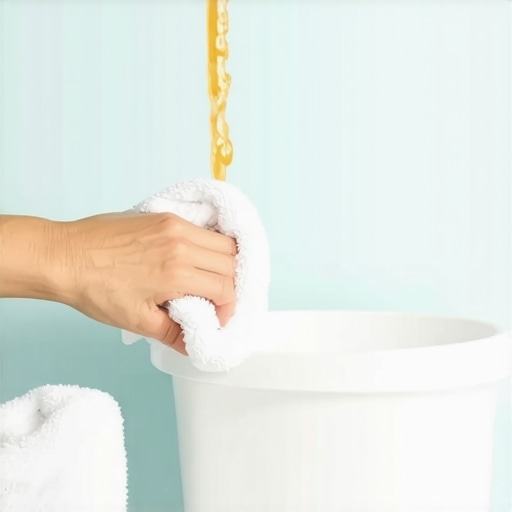 A person wiping away brown streaks from a blue painted wall with a microfiber cloth.