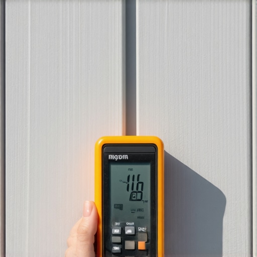 Digital Moisture Meter for Exterior Siding Measuring moisture content of wood siding with a professional digital meter before painting.