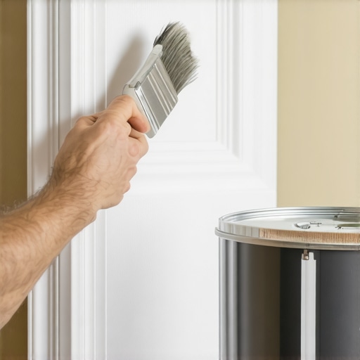A professional painter using an angled sash brush and the rubber band trick for a clean finish.