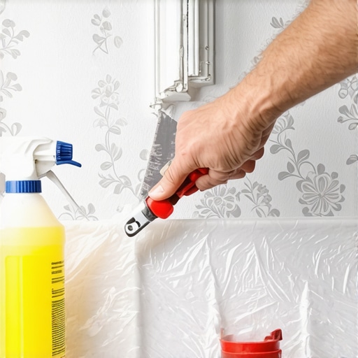 Close up of removing damp wallpaper with a plastic scraper to protect drywall