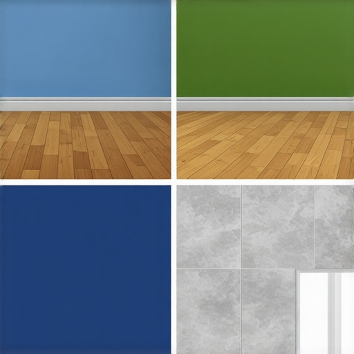 Impact of flooring reflection on wall paint color Comparison of color bounce from different flooring materials affecting blue wall paint hue.