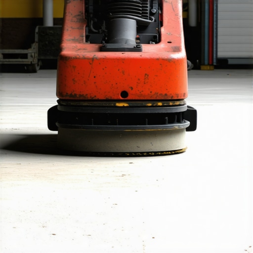Mechanical grinding for epoxy floor preparation Professional floor grinding machine prepping a concrete warehouse floor for industrial epoxy coating.