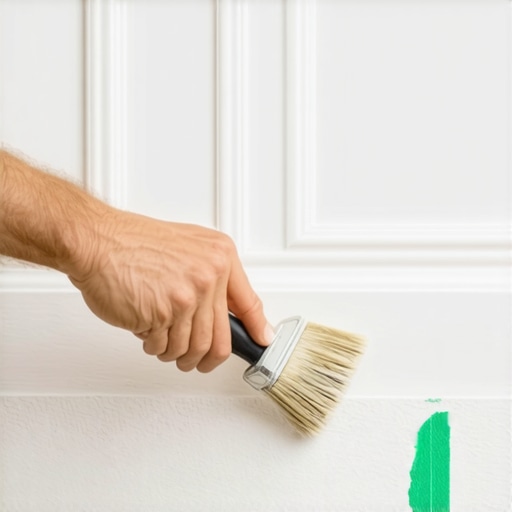 Close-up of professional brush technique on white baseboard trim with green painter's tape.