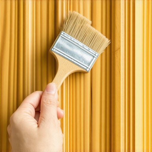 A professional angled sash brush being used for precision painting near wood trim