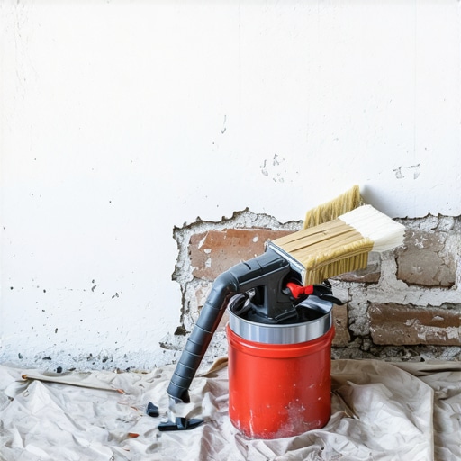 Professional Masonry Painting Tools High-end airless sprayer and masonry brush used for painting exterior brick.