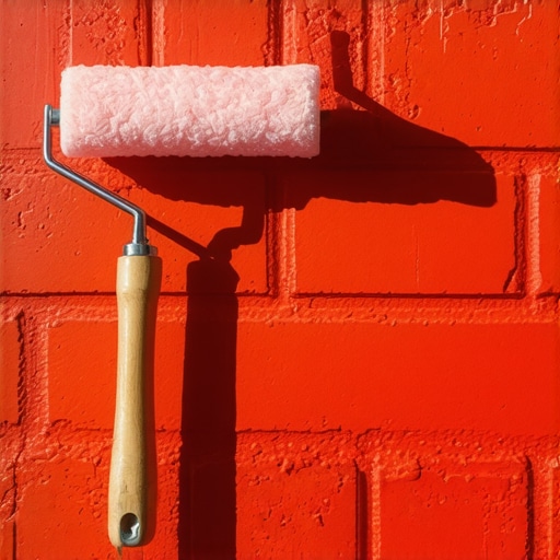 Close up of a thick nap roller and airless sprayer used for painting brick walls.