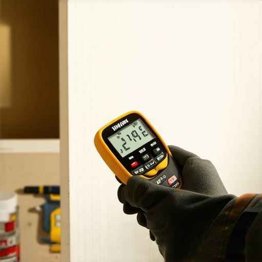 Professional Moisture Meter Testing A digital moisture meter being used to check the dryness of a drywall patch before house painting.