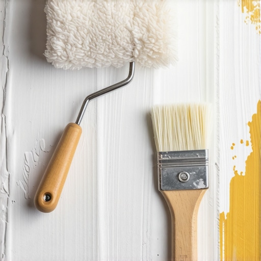 Professional Painting Tools for Ceiling Projects Close up of a high-quality paint roller and brush on a drop cloth