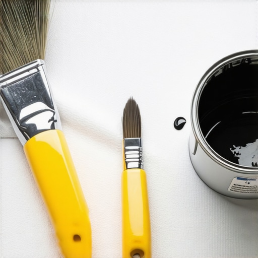 A professional paintbrush and multi-tool resting on a drop cloth representing expert house painting equipment.