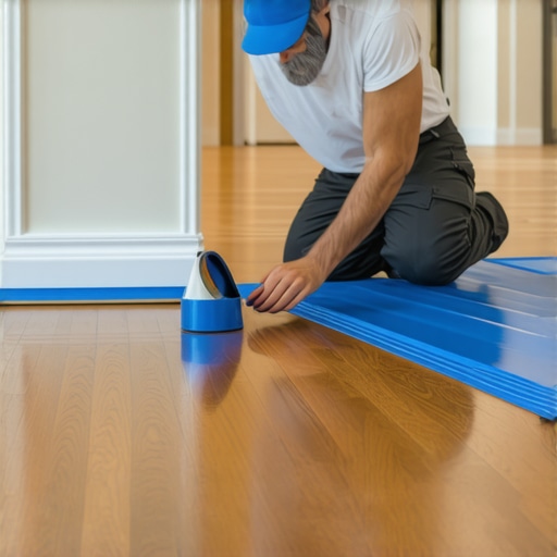 Professional Taping Tool for Perfect Masking A pro painter using a hand-masking tool to protect floors and trim during a house painting project.