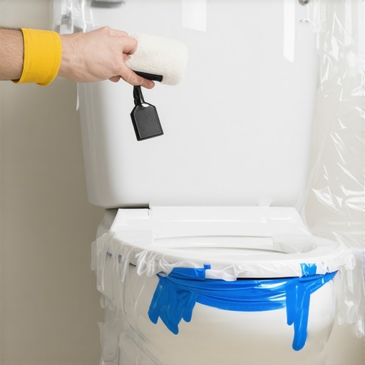 A mini roller painting the wall behind a plastic-wrapped toilet tank.