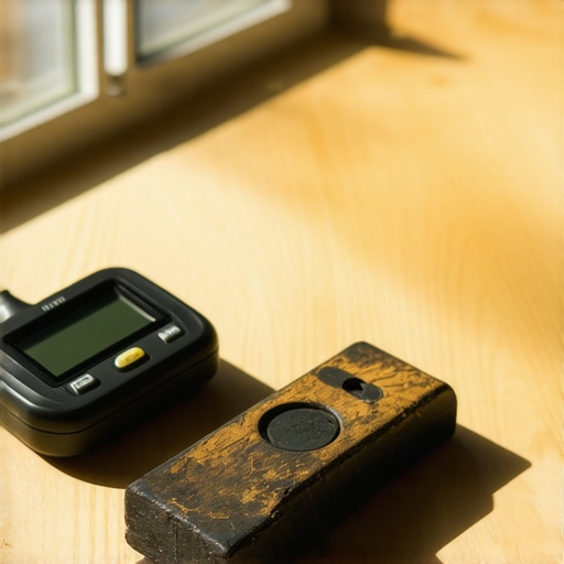 Professional Window Sill Prep Tools Close up of carbide scraper and moisture meter on a wood window sill