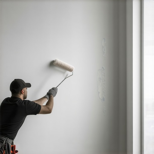 Professional back-rolling technique for a seamless finish A close-up of a paint roller creating an even sheen on a freshly painted wall.