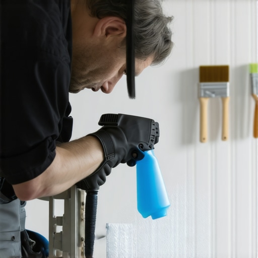 Professional maintenance of an airless paint sprayer A painter cleaning a Graco airless sprayer pump with protective lubricant