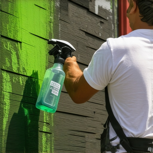 Professional soft washing for wood siding A close up of soft washing solution being applied to a house exterior to kill mold and algae.