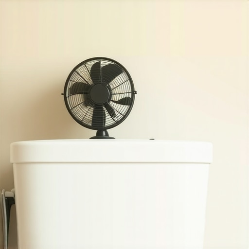 A small fan providing airflow behind a toilet tank to help fresh paint dry in a bathroom.