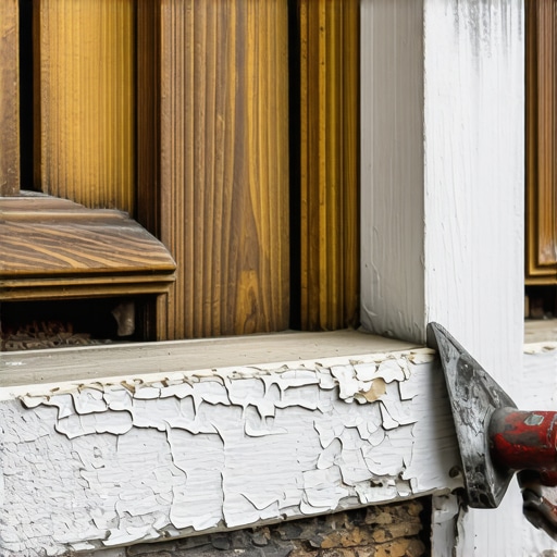 Scraping old paint from a window sill Hands using a scraper to remove peeling paint from a wooden window sill to prep for repainting.