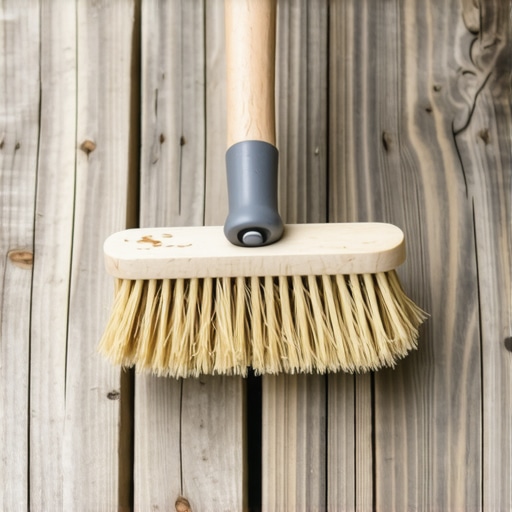 Scrubbing a wooden deck with a manual brush Manual scrubbing of wood deck boards with cleaning solution to prevent pressure washer damage.