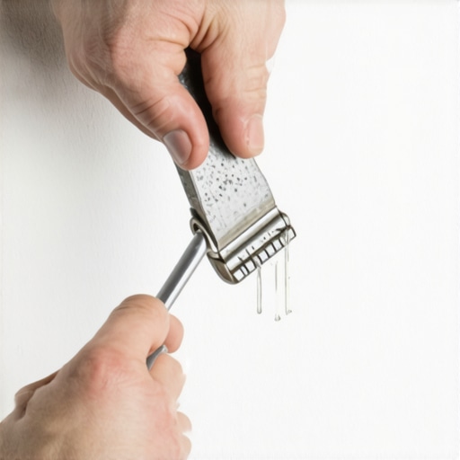 Shaving a paint drip with a razor blade A hand using a razor blade to level a dried paint run on a wall.