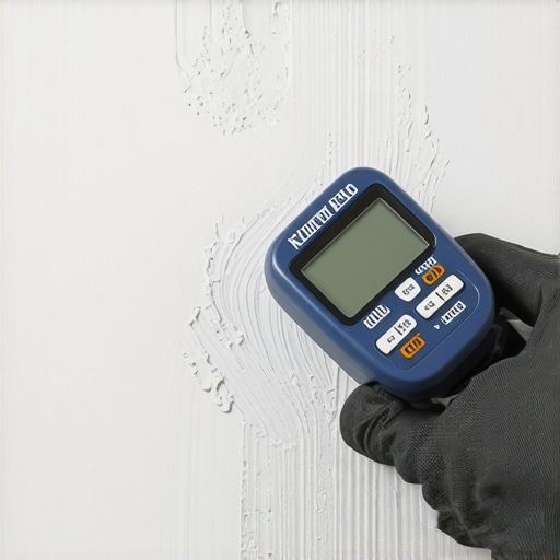 A pinless moisture meter measuring the humidity of a drywall surface to ensure it is ready for paint.