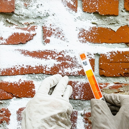 Testing brick wall pH and efflorescence Professional testing the pH level of a brick wall with salt stains before painting.