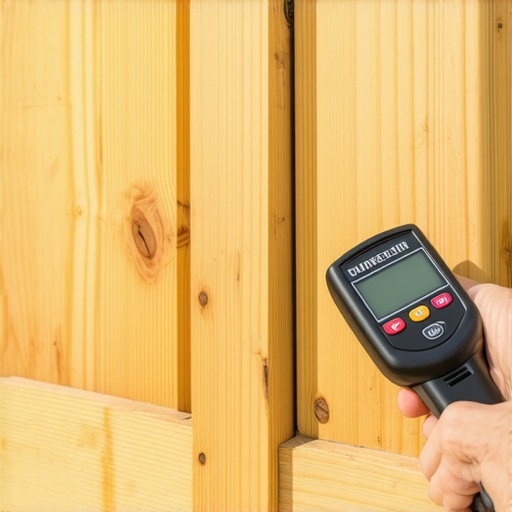 Testing garage door moisture levels before painting A hand holding a moisture meter against the bottom of a garage door to ensure it is dry enough for paint.
