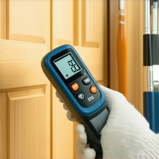 A professional moisture meter measuring the dampness of a wood garage door before painting.