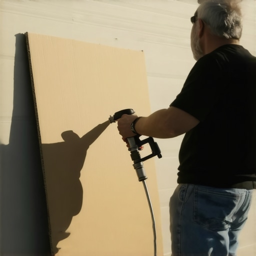 Testing the spray pattern and adjusting pressure on an airless sprayer A DIYer testing a paint sprayer pattern on cardboard to eliminate tails.