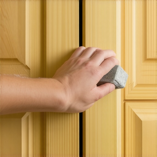 Close up of hand sanding a wood cabinet door to prepare for painting