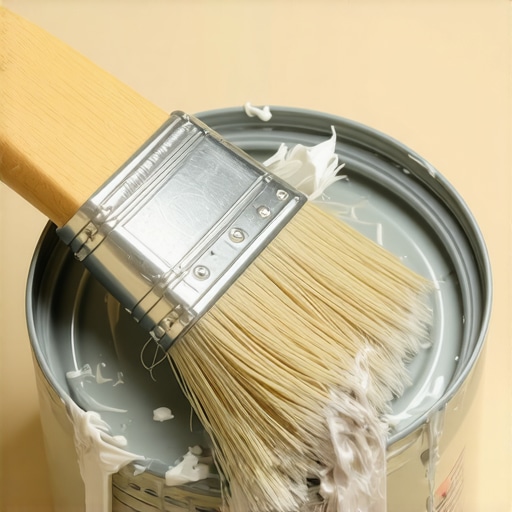 The Pro Rubber Band Trick for Paint Cans Close up of a professional paintbrush and a paint can using a rubber band to keep the rim clean