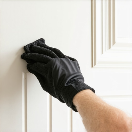 Close up of a hand performing a damp rag test on a wall next to oak trim to check for chalky residue.
