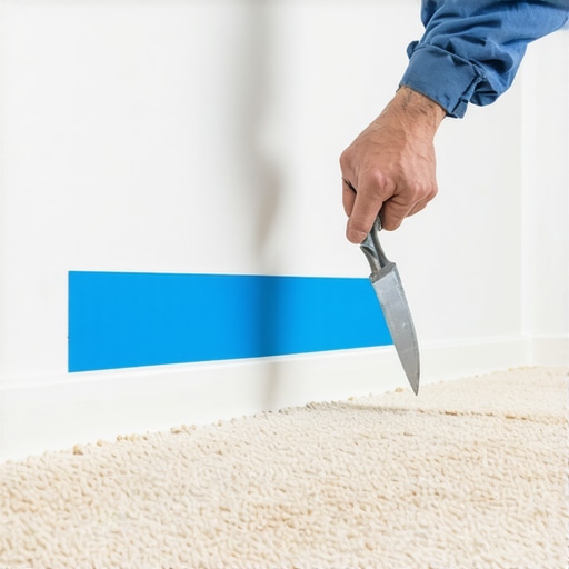 The professional tuck and tape method for carpet protection Close-up of a putty knife tucking painter's tape under a baseboard on carpet.