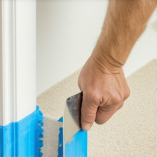Using a putty knife to create a seal between carpet and trim.