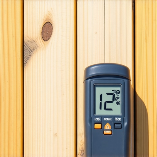 A pinless moisture meter measuring the water content of an exterior wood deck before staining.