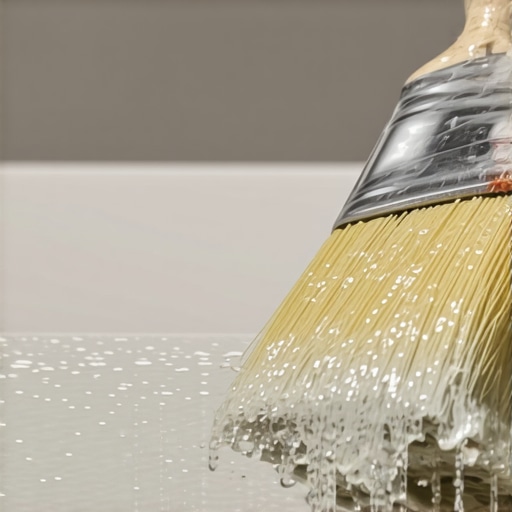 A metal brush comb being used to pull paint through the bristles of a brush under running water.